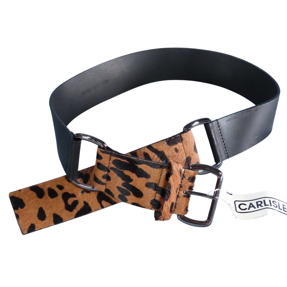 New VTG CARLISLE BELT Black Leather CALF HAIR LEOPARD PRINT Silver Rings SZ M